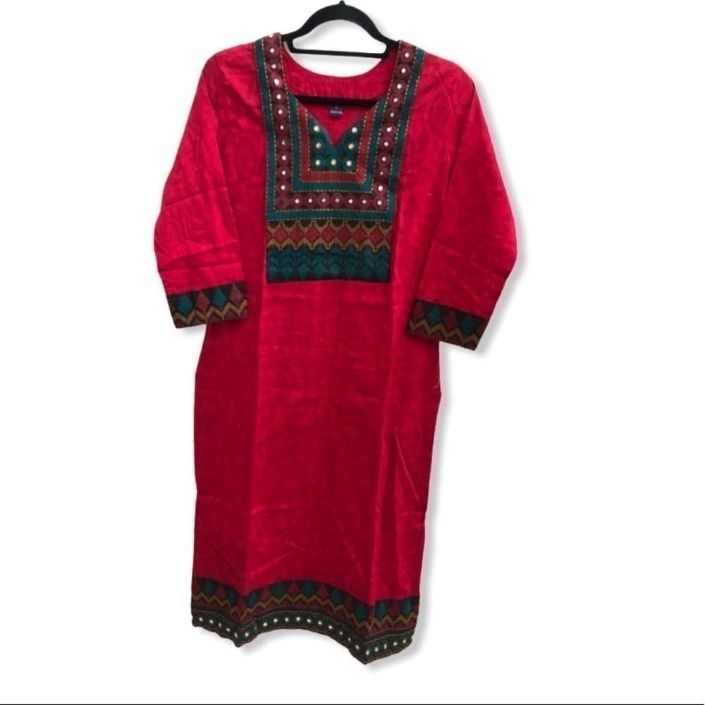 EUC long kurta top red embroidered mirror work S